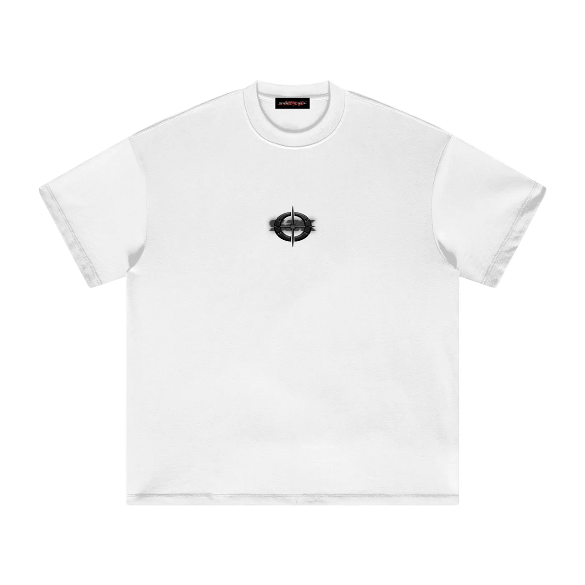 White t-shirt with a black logo on a white background