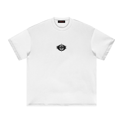 White t-shirt with a black logo on a white background