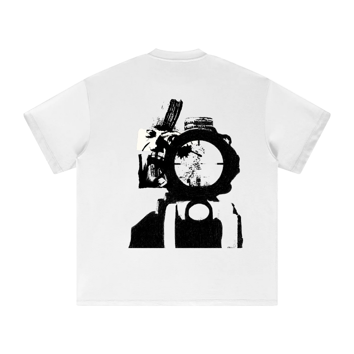 White t-shirt with black graphic design on a white background