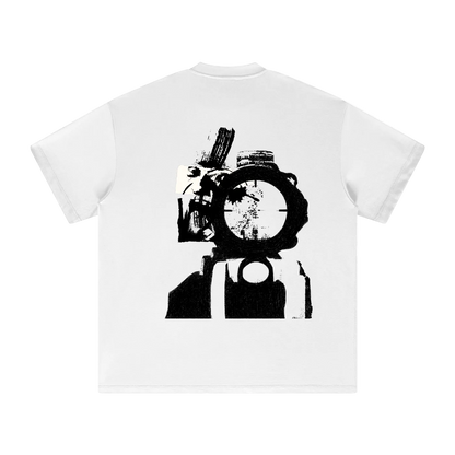 White t-shirt with black graphic design on a white background